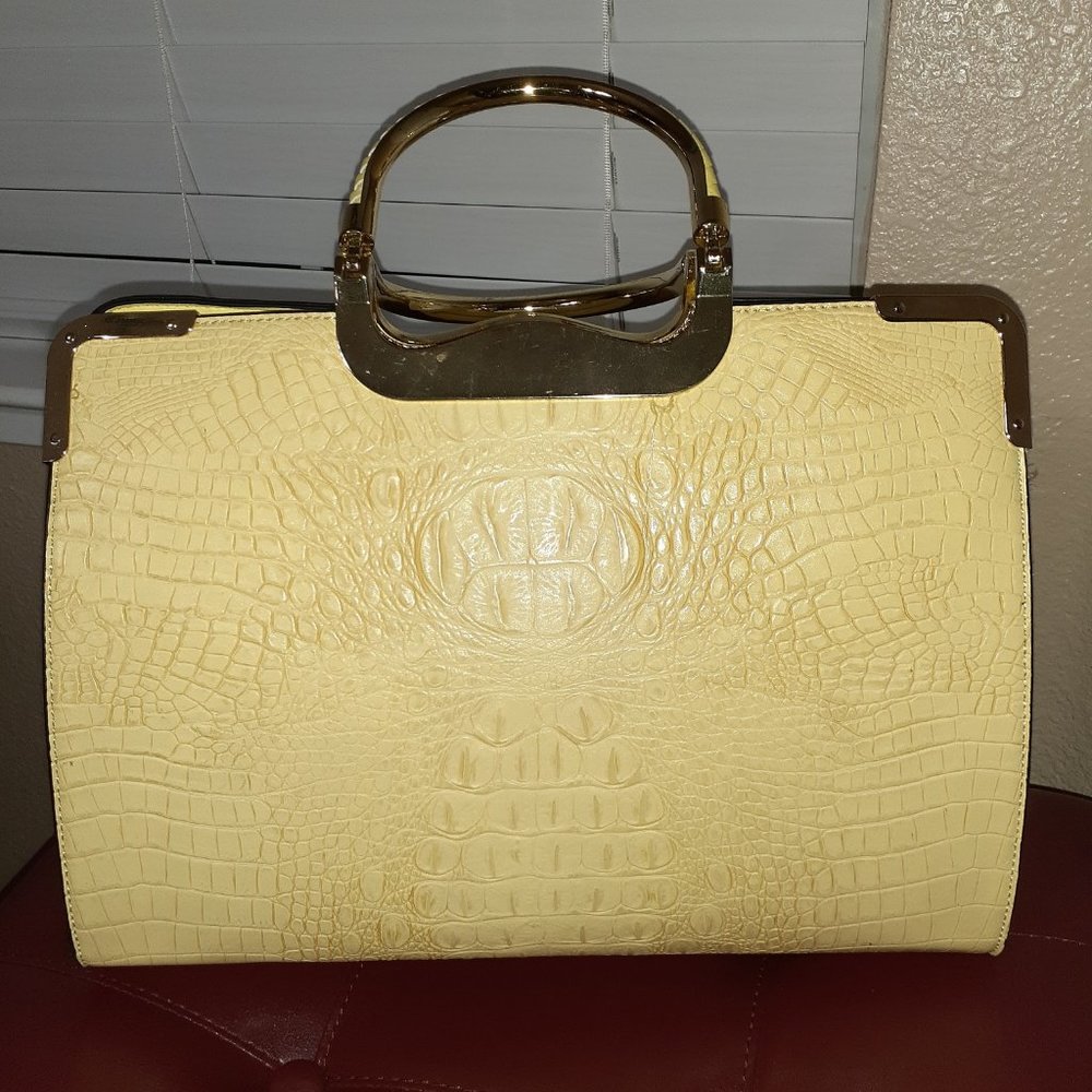 Yellow Structured Bag with Gold Trim Handle